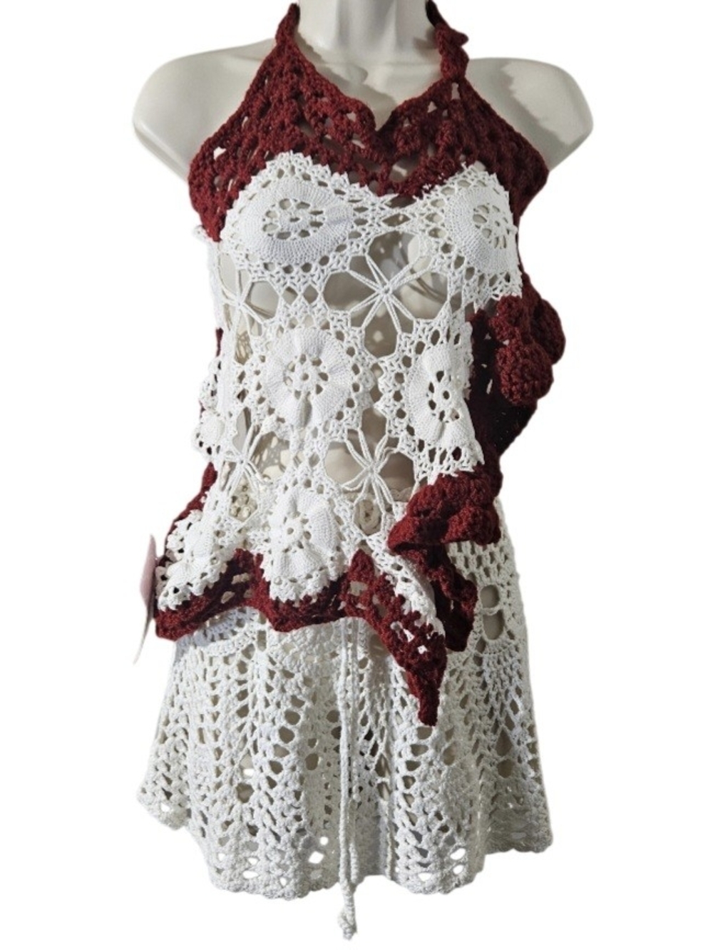 Hand Crafted White Burgundy Crochet Swim Coverup 2 Piece Set - Picture 4 of 17